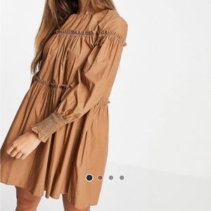 Mango Womens Brown Long Sleeve Smock Shift Dress Size 6
